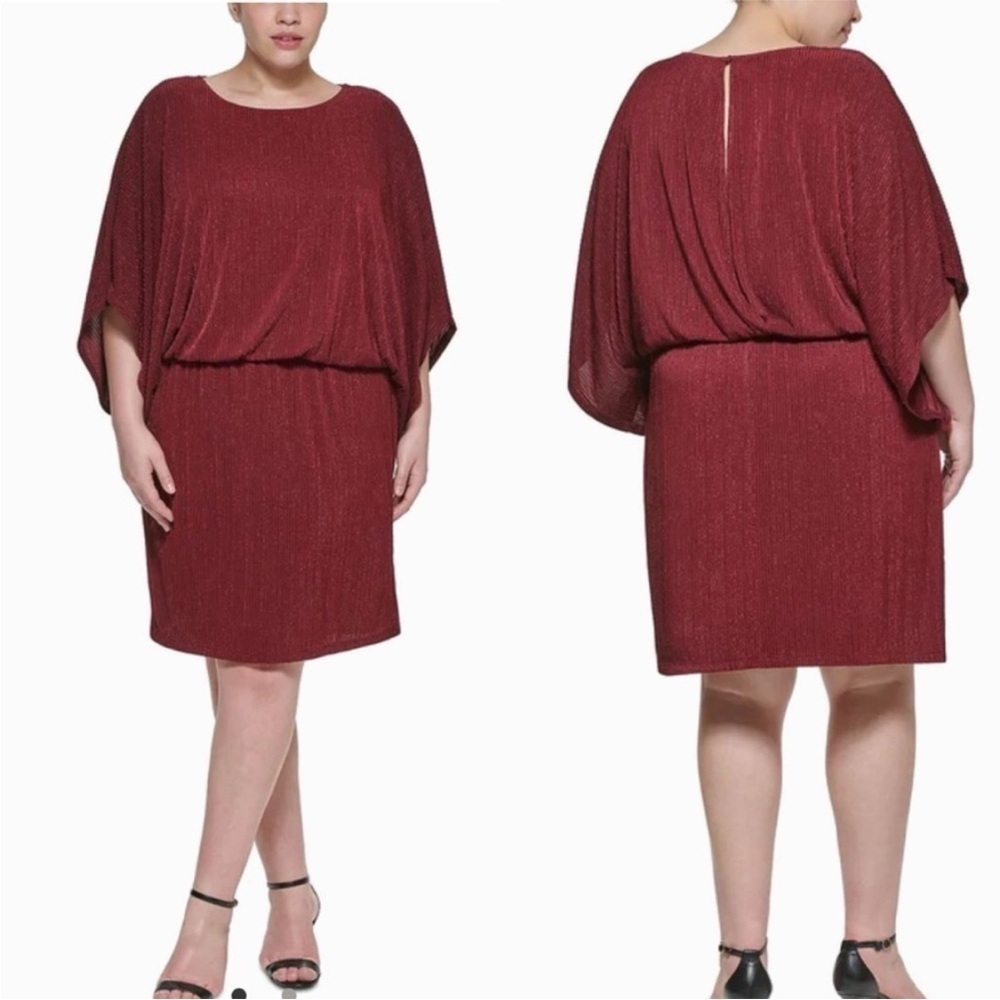 Jessica Howard Burgundy Red  Metallic Blouson Knee Length Dress Size 14P & 20W